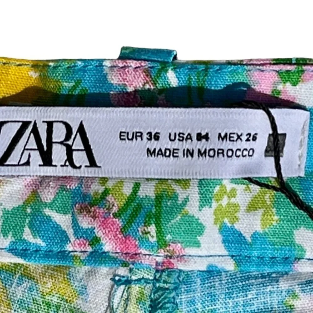 Zara NWT Printed Linen Blend Flared Trousers Green Blue Pink Floral Print Size 4
